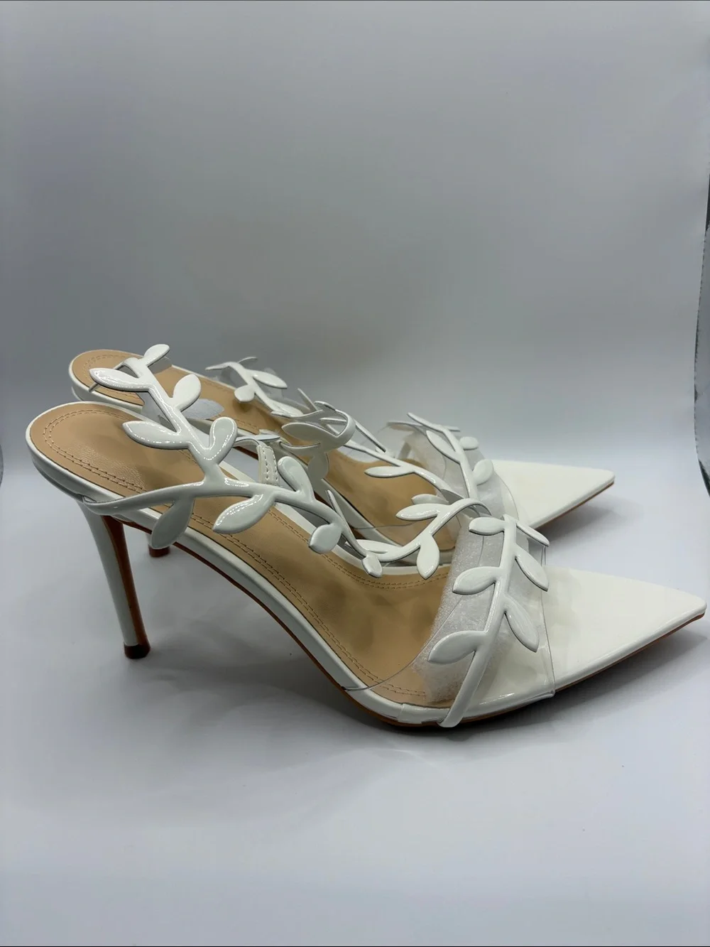 White Leaf-Accent Pointed Toe High Heel Sandals